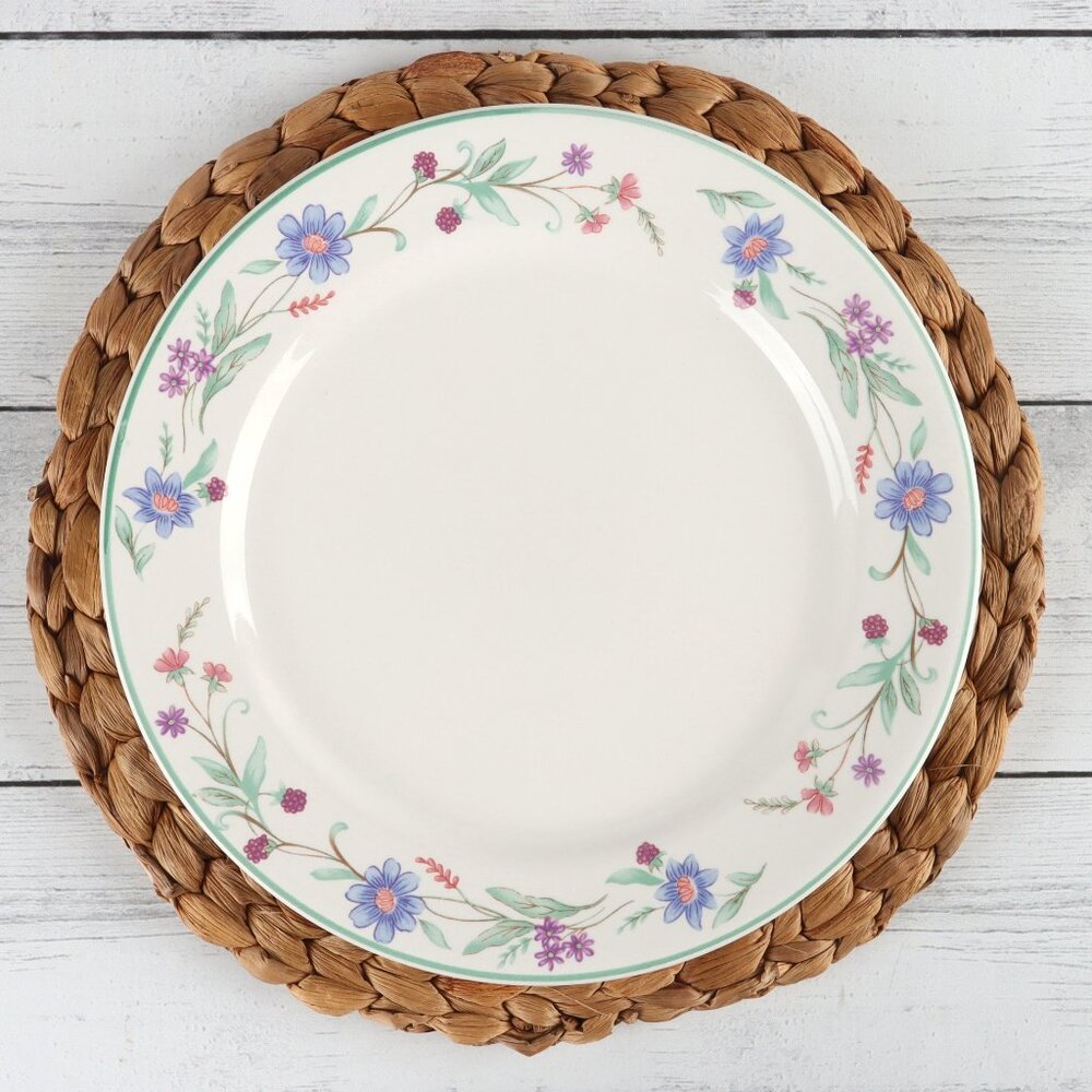 Vintage Oneida Ava Dinner Plate 11"in, Blue & Purple Flowers, Green Band